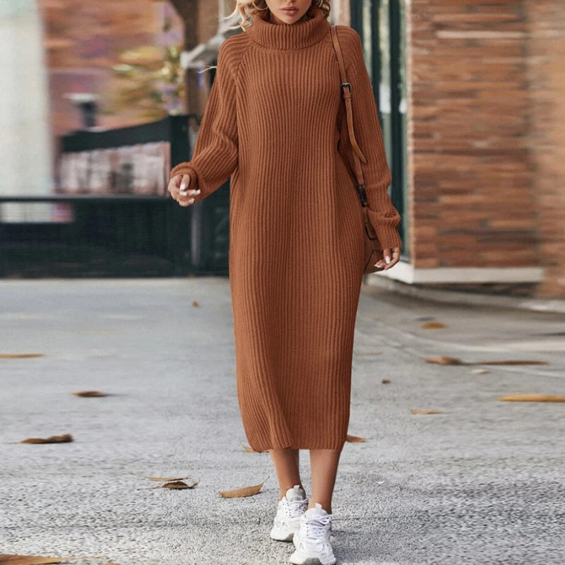 Abito Midi Donna Maglia Manica Lunga Collo Alto