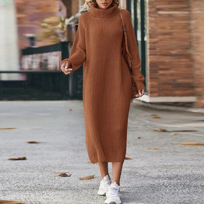 Abito Midi Donna Maglia Manica Lunga Collo Alto