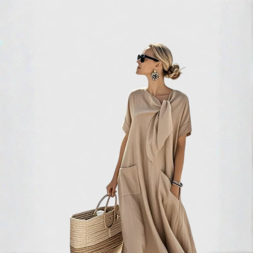 Abito Midi Donna Tasche Scollo con Laccio Vestibilità Larga