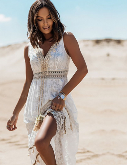 Abito Maxidress Donna Boho Scollo a V Pizzo