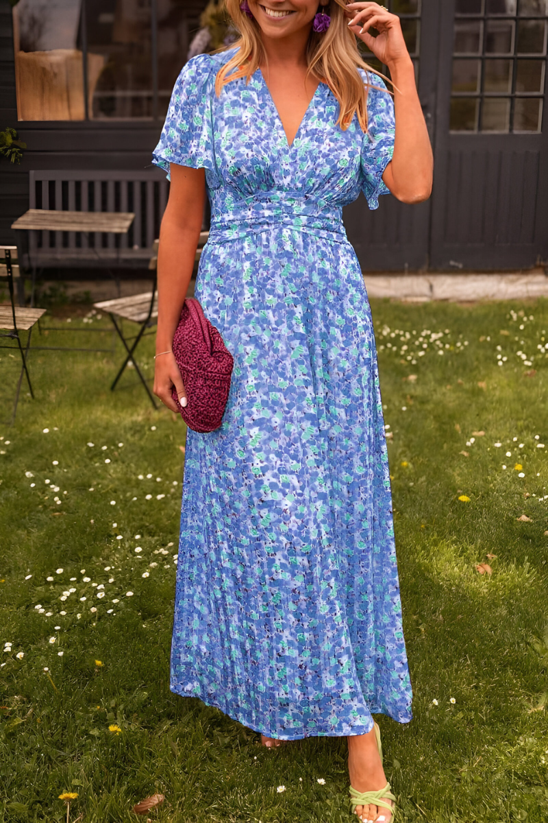 Abito Maxi Donna con Stampa Floreale Manica Corta