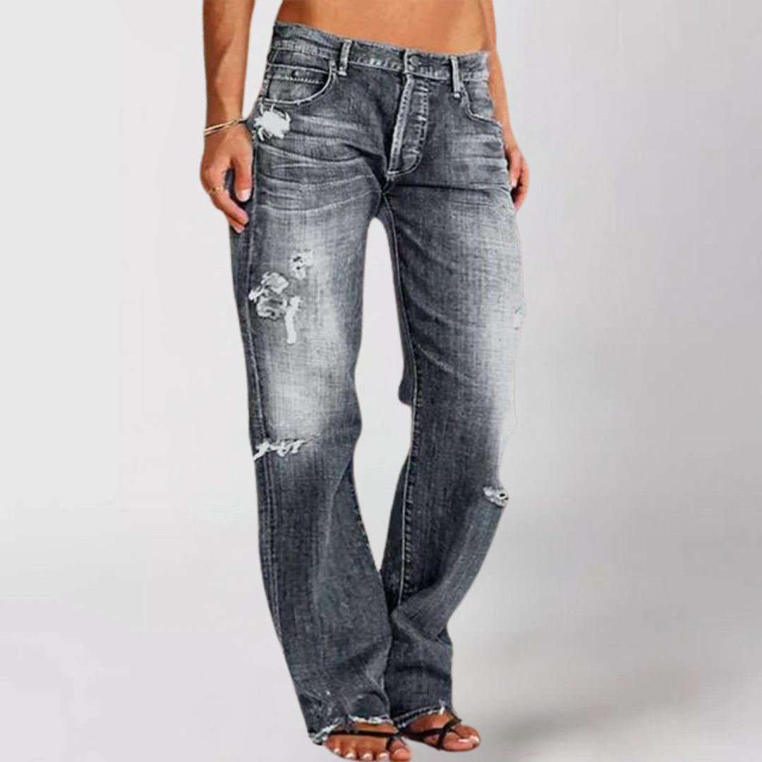 Jeans Donna Vita Alta Strappati Taglio Dritto