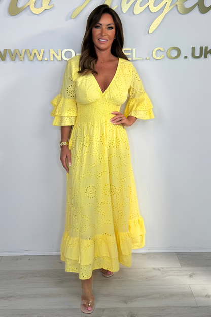 Abito Maxi Donna Boho Manica a Volant Ricamato