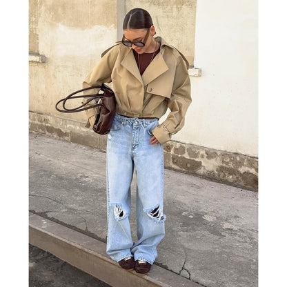 Trench Coat Donna Tessuto Leggero Colletto Largo Manica Corta