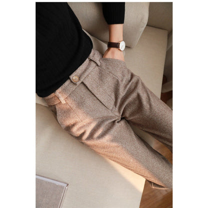 Pantaloni Donna Tessuto Spina di Pesce Vita Alta Slim