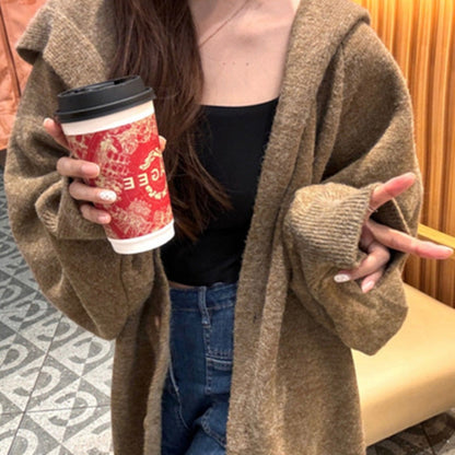 Cardigan Lungo Donna in Maglia con Cappuccio