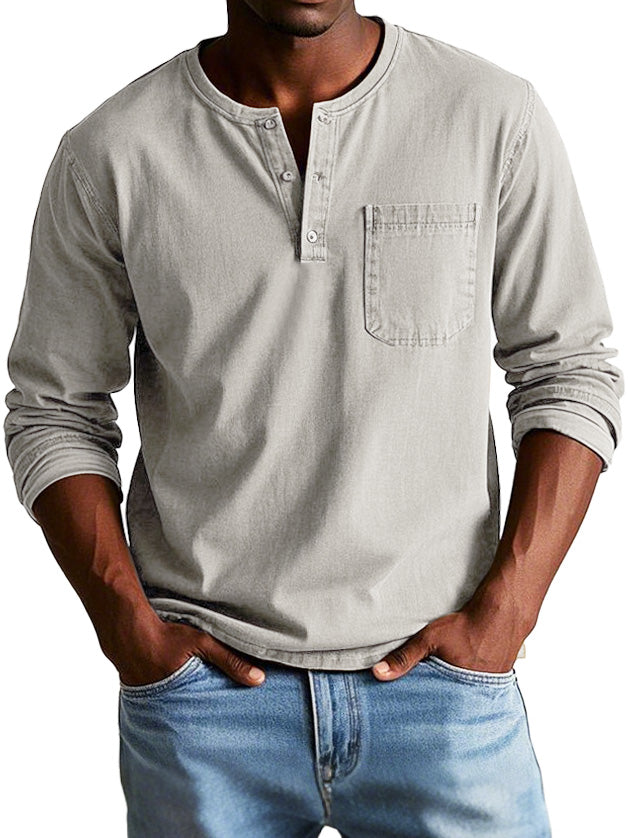 Maglia Henley Uomo Manica Lunga con Tasche sul Petto