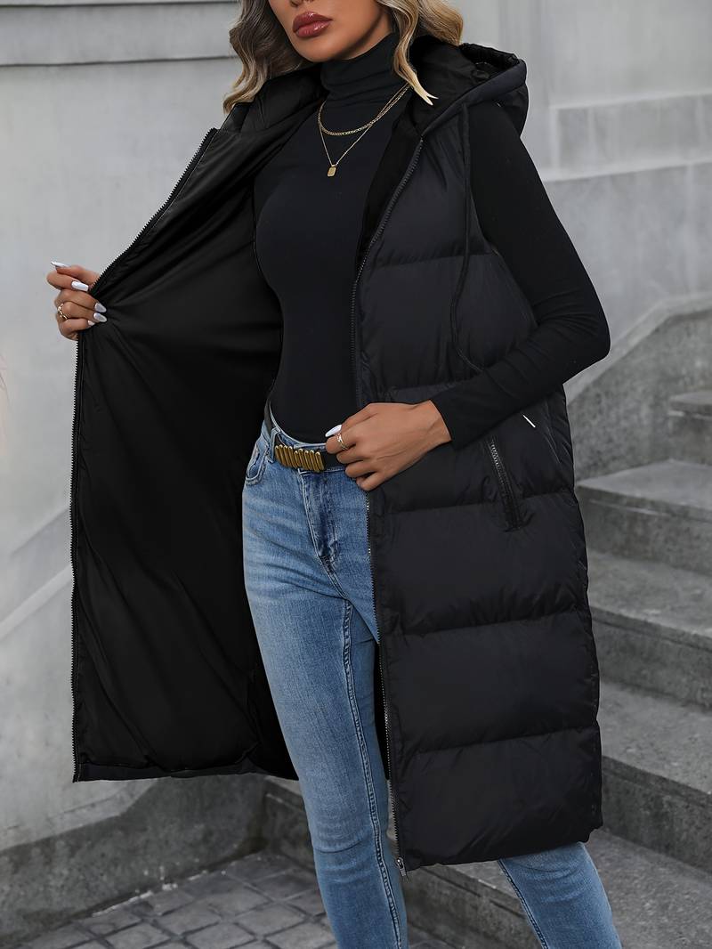 Gilet Lungo Donna con Cappuccio e Chiusura Zip