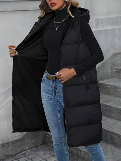 Gilet Lungo Donna con Cappuccio e Chiusura Zip