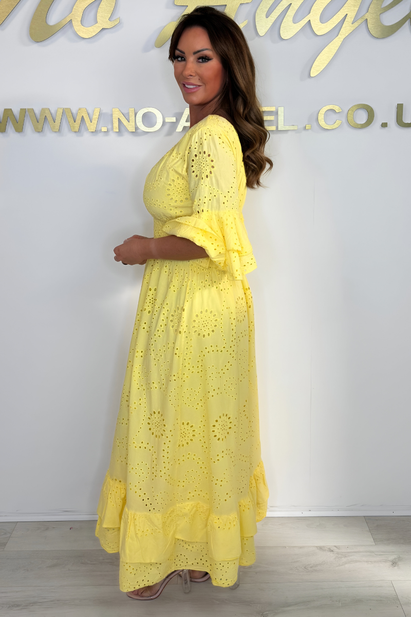 Abito Maxidress Donna Boho Manica a Volant Ricamato