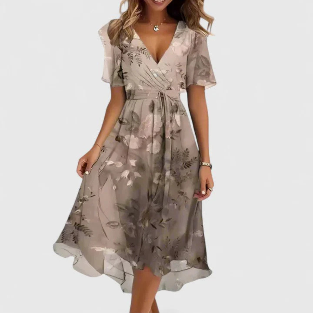 Abito Midi Donna con Scollo a V e Stampa Floreale