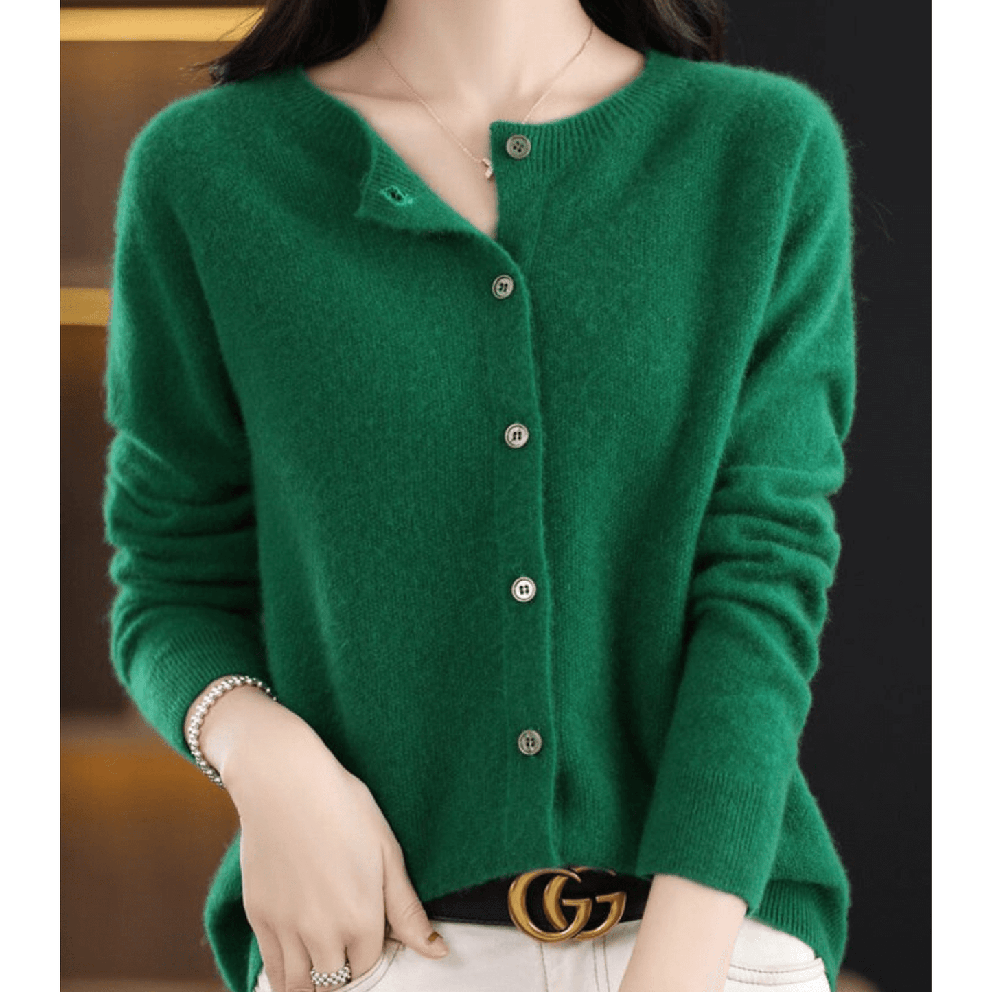 Cardigan Donna Maglia Fina Scollo Tondo Effetto Lana