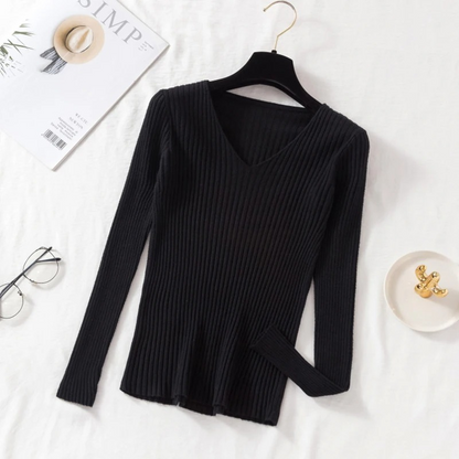 Maglione Donna Scollo a V Coste Vestibilità Slim