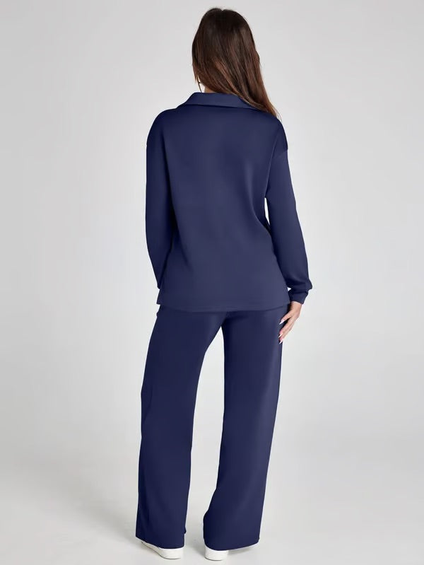 Completo Donna Maglione Scollo a V e Pantaloni Larghi Comodo Autunno