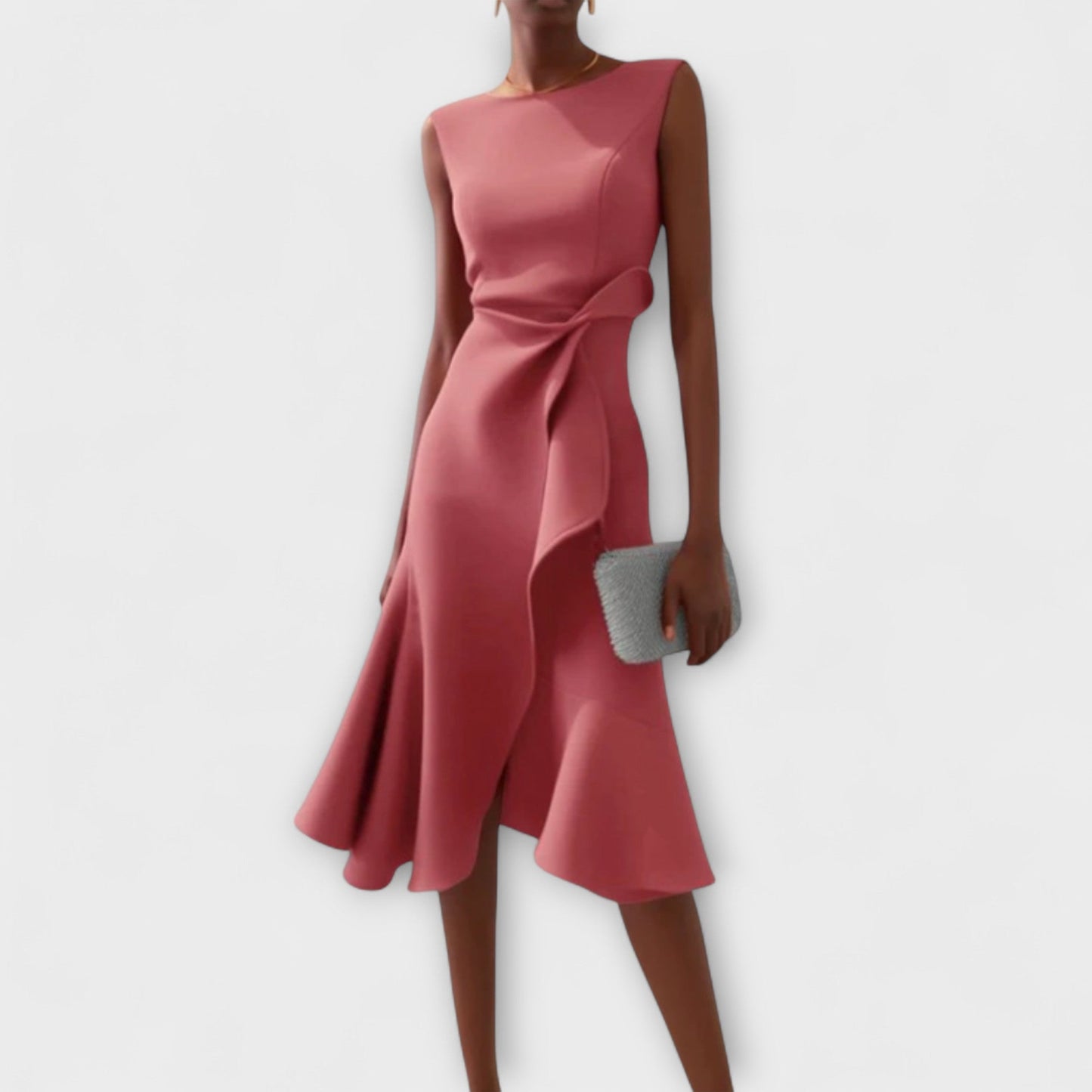 Abito Midi Donna Elegante Senza Maniche con Ruches