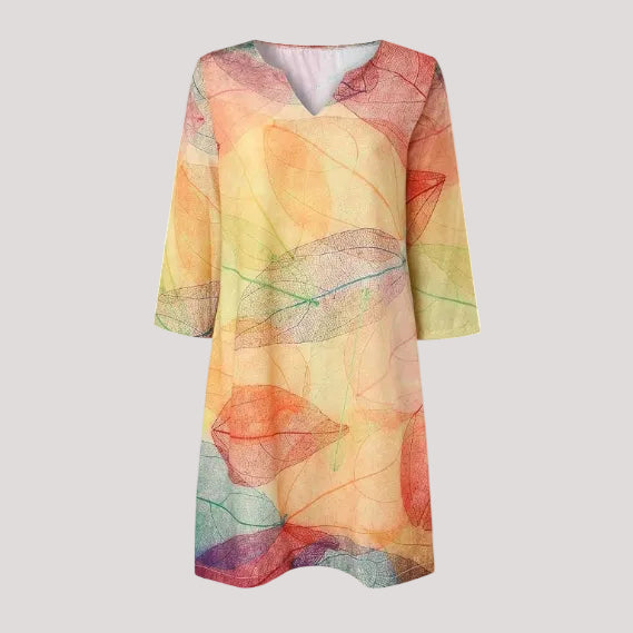 Abito Midi Donna Scollo a V Fantasia Foglie Estate