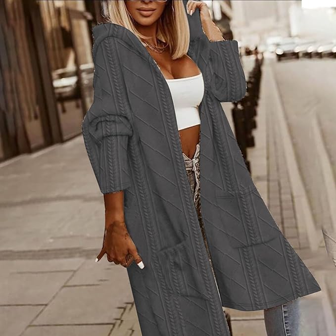 Cardigan Donna con Cappuccio Maglia a Treccia Manica Lunga