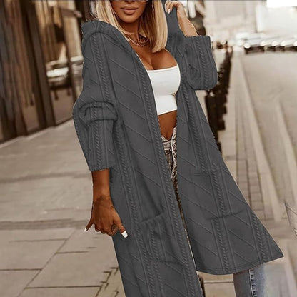 Cardigan Donna con Cappuccio Maglia a Treccia Manica Lunga