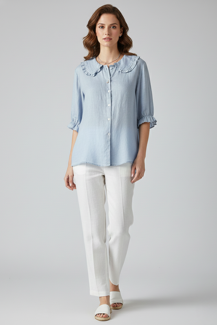 Camicia Donna con Colletto a Volant e Bottoni