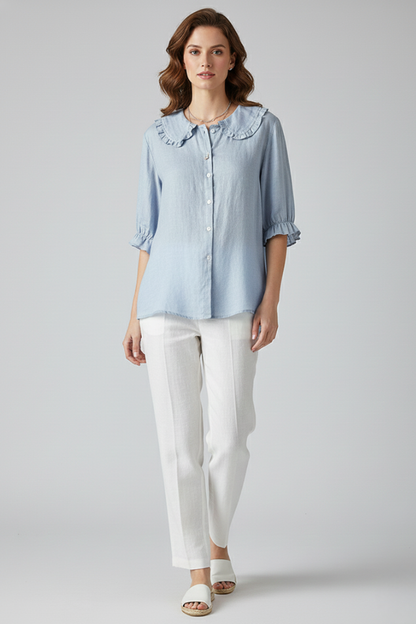 Camicia Donna con Colletto a Volant e Bottoni