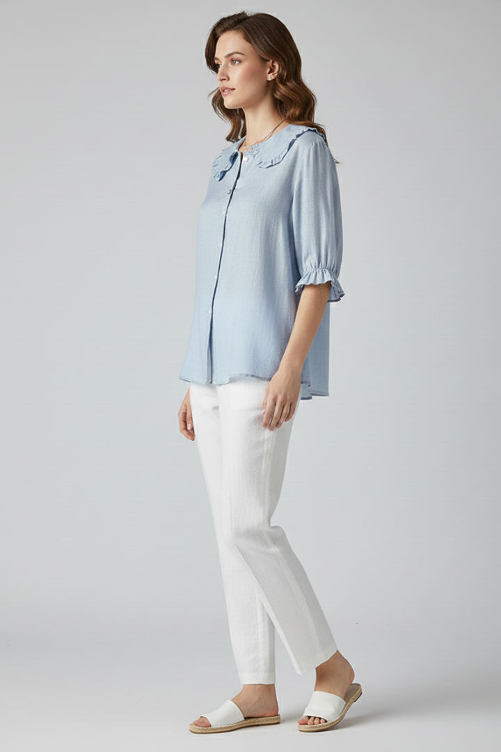 Camicia Donna con Colletto a Volant e Bottoni