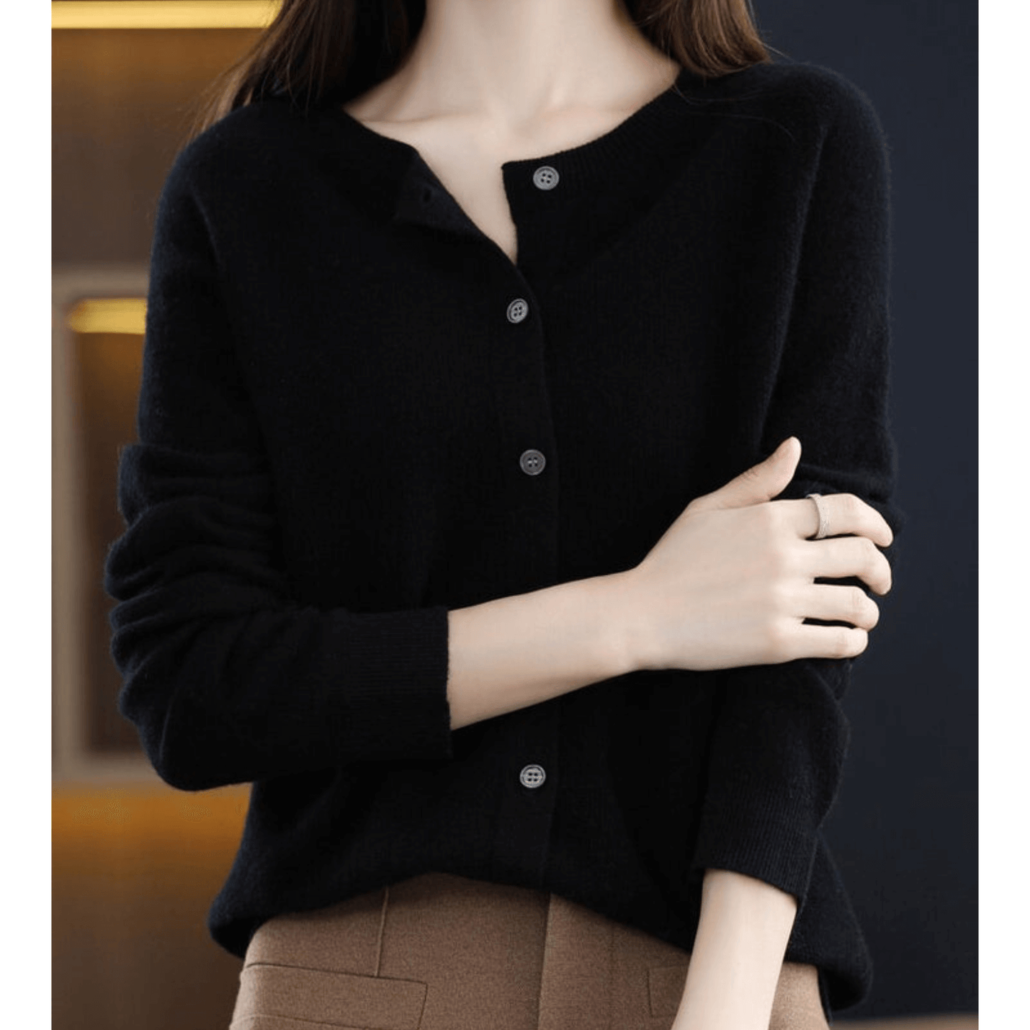 Cardigan Donna Maglia Fina Scollo Tondo Effetto Lana
