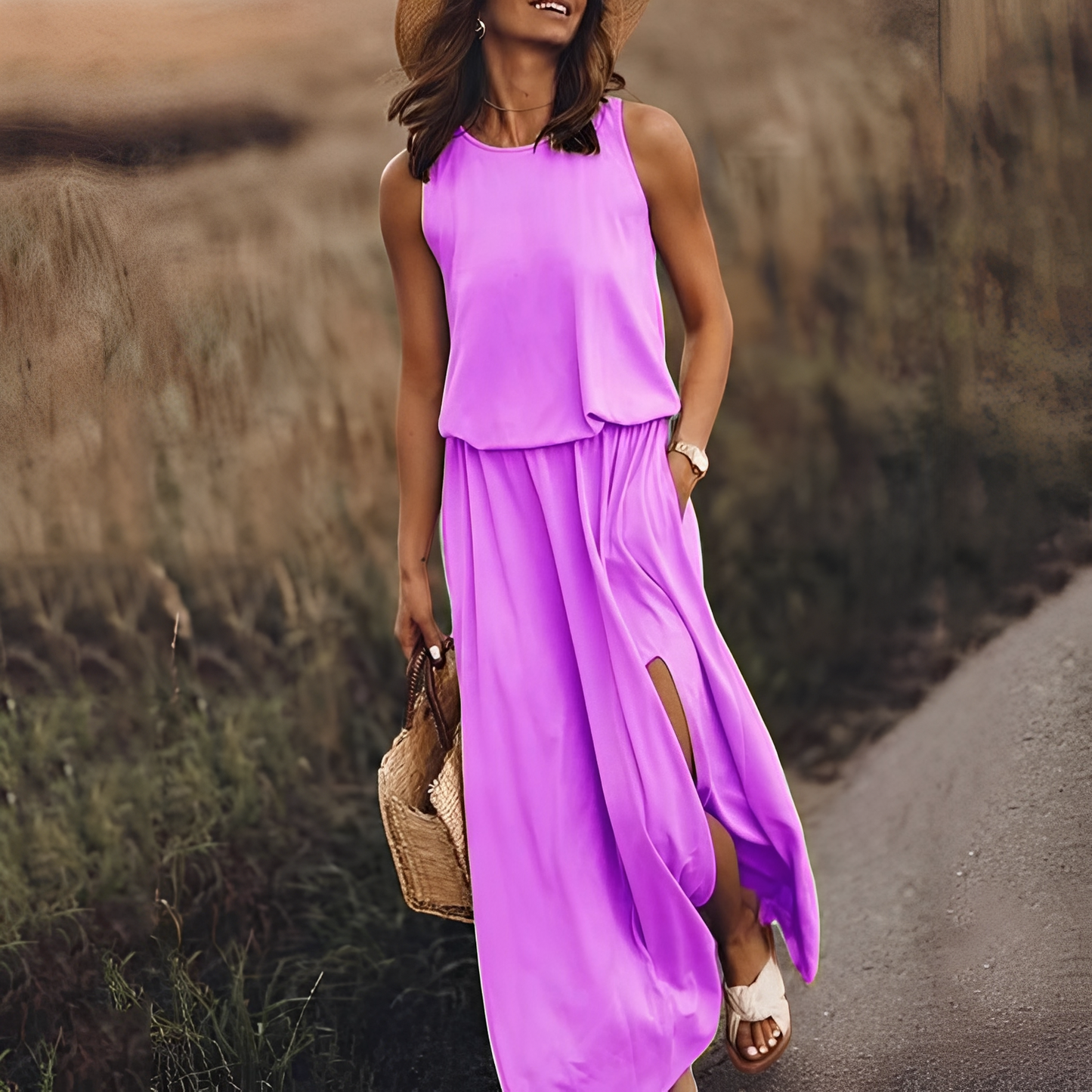 Abito Maxi Donna Senza Maniche Stile Casual