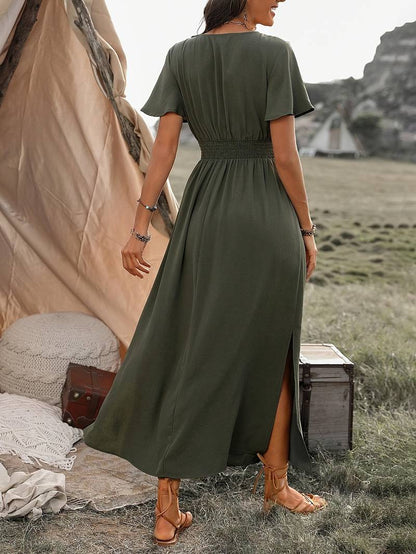 Abito Maxi Donna Scollo a V Stile Boho Elegante