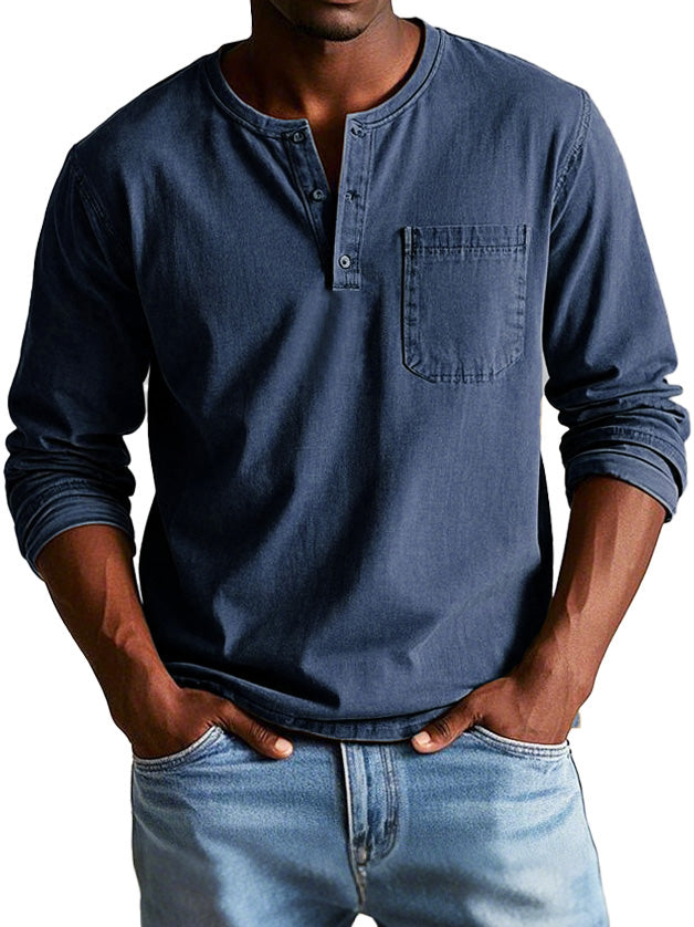 Maglia Henley Uomo Manica Lunga con Tasche sul Petto