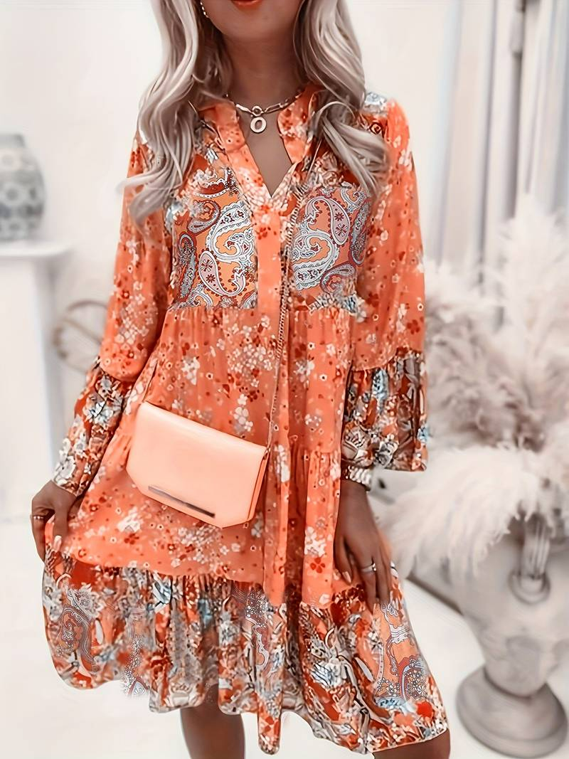 Abito Boho Donna Scollo Ampio Stile Floreale Fluidità