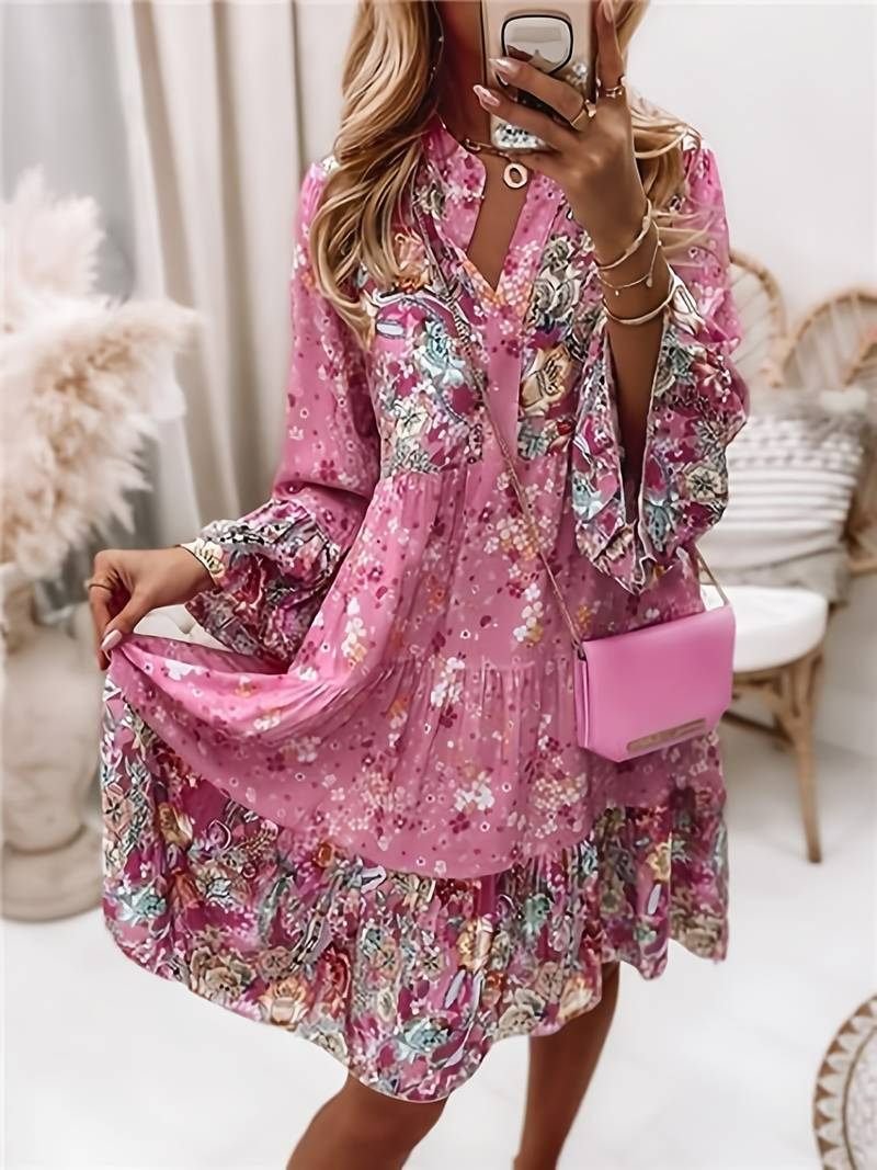 Abito Boho Donna Scollo Ampio Stile Floreale Fluidità - Brentozzi