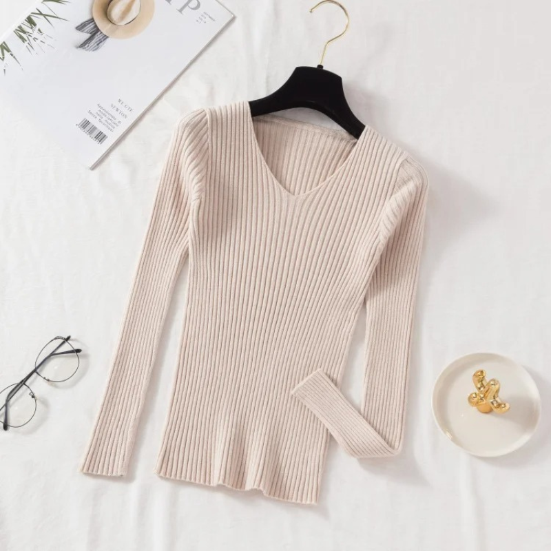 Maglione Donna Scollo a V Coste Vestibilità Slim