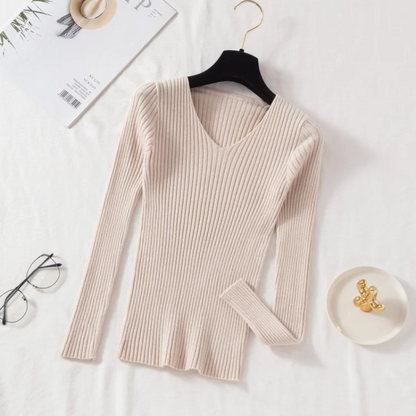 Maglione Donna Scollo a V Coste Vestibilità Slim