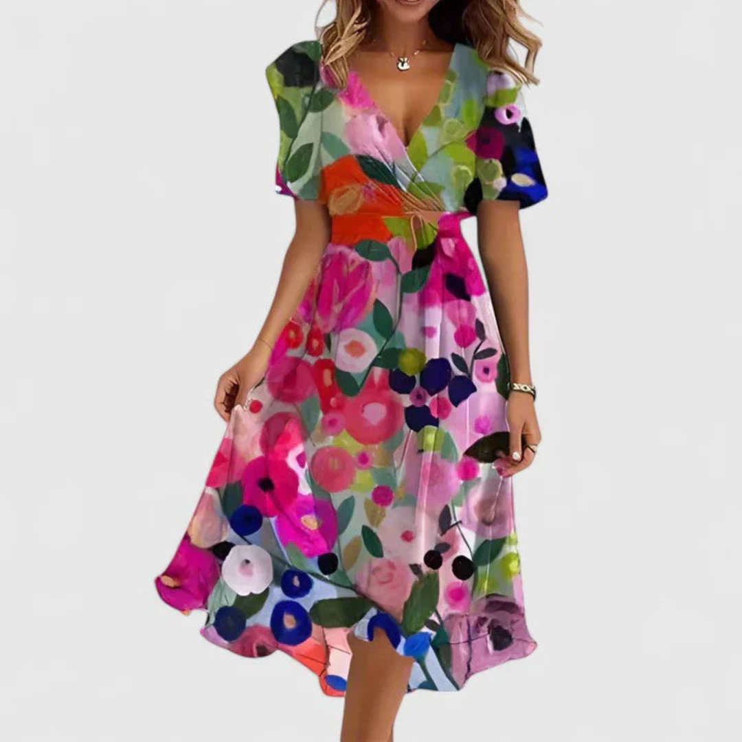 Abito Midi Donna con Scollo a V e Stampa Floreale