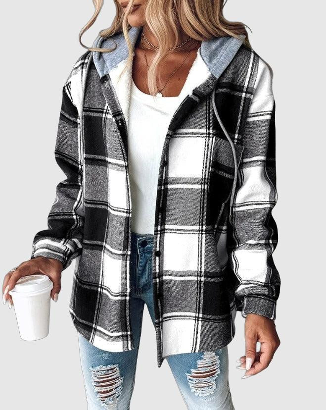 Giacca Donna a Quadri con Cappuccio Overshirt Comoda Autunno Inverno - Brentozzi