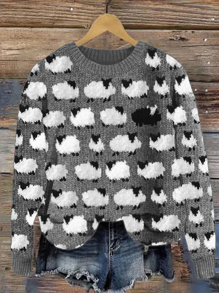 Maglione Donna in Lana con Stampa Pecore Morbido