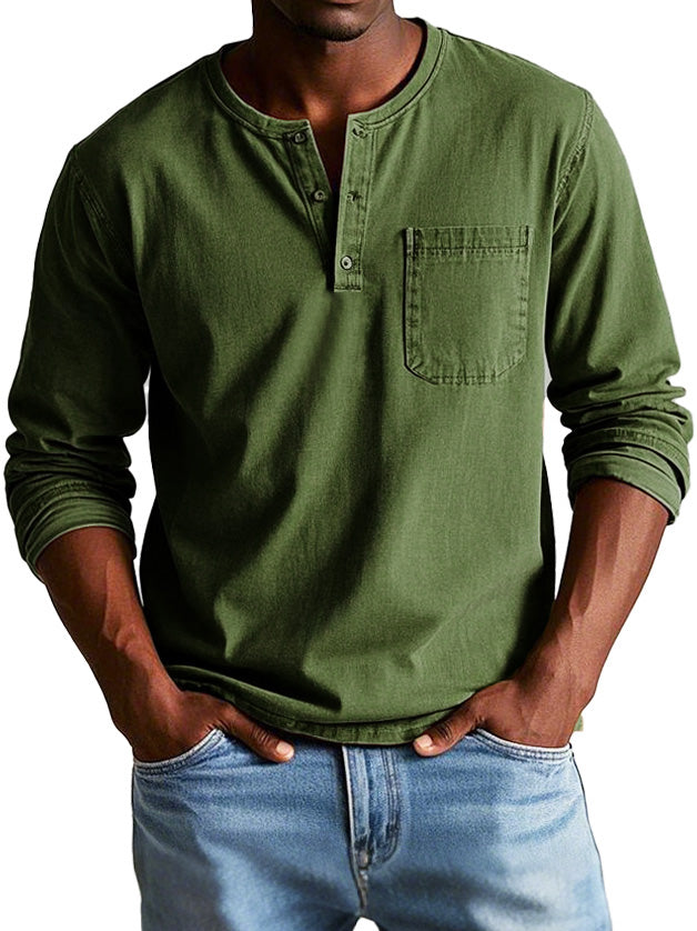 Maglia Henley Uomo Manica Lunga con Tasche sul Petto