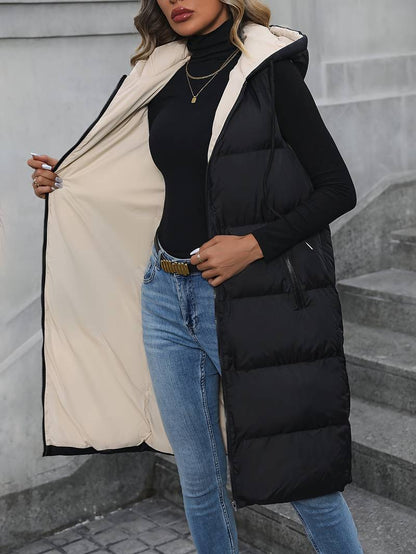 Gilet Lungo Donna con Cappuccio e Chiusura Zip