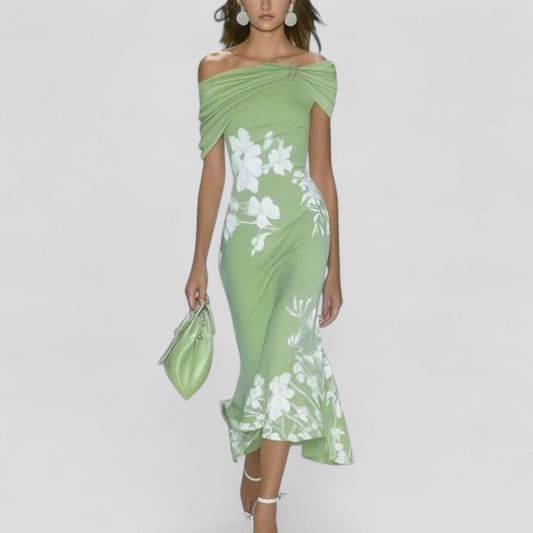 Abito Midi Donna Spalle Scoperte Stampa Floreale - Brentozzi