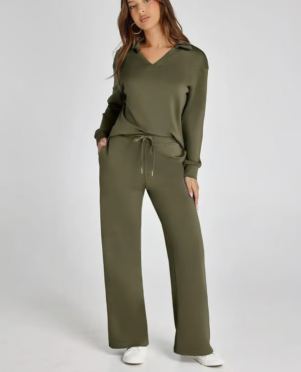 Completo Donna Maglione Scollo a V e Pantaloni Larghi Comodo Autunno