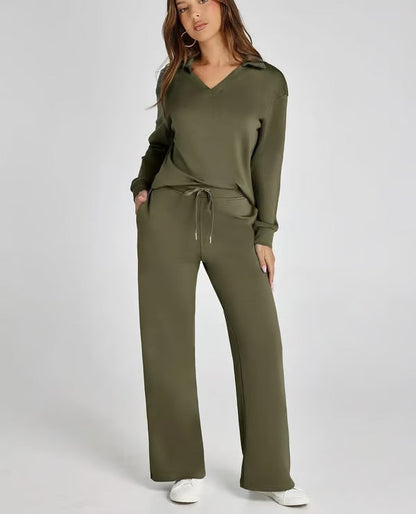 Completo Donna Felpa Scollo a V e Pantaloni Larghi Comodi