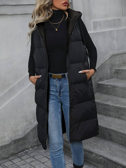 Gilet Lungo Donna con Cappuccio e Chiusura Zip