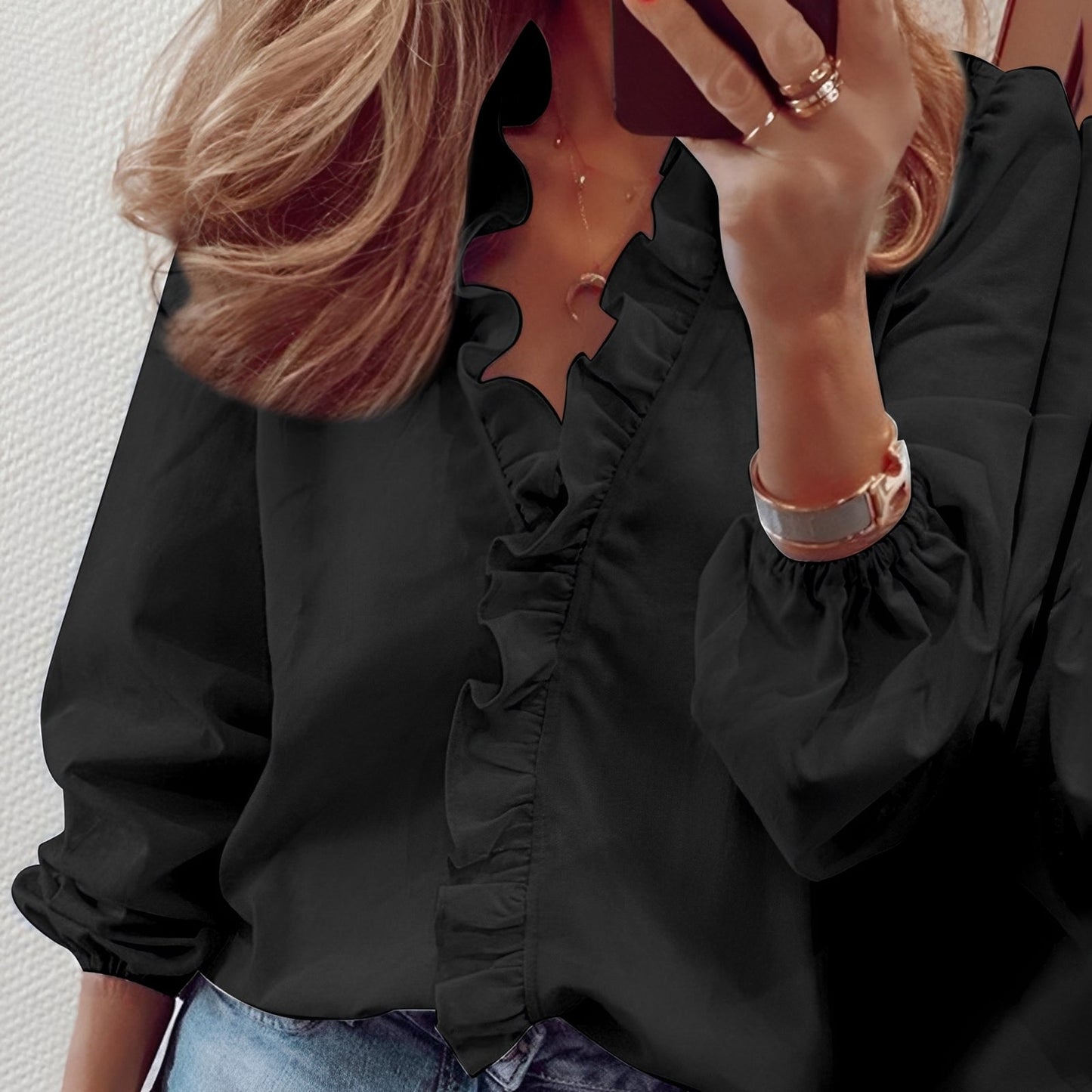 Blusa Donna in Viscosa con Scollo a V e Ruches