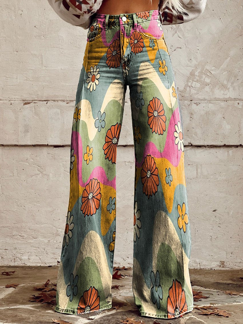 Jeans Baggy Donna Lungo con Stampa Floreale