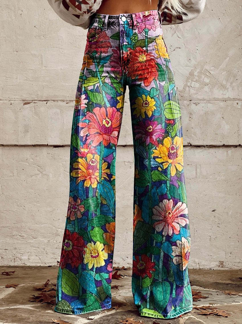 Jeans Baggy Donna Lungo con Stampa Floreale - Brentozzi