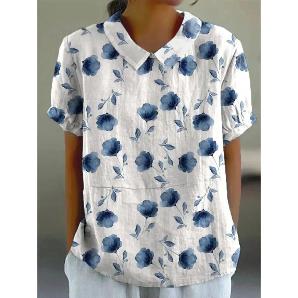 Blusa Donna Casual in Tessuto Fantasia Floreale Manica Corta Sbuffo