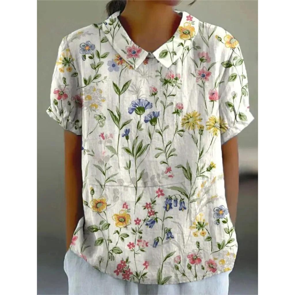 Blusa Donna Casual in Tessuto Fantasia Floreale Manica Corta Sbuffo