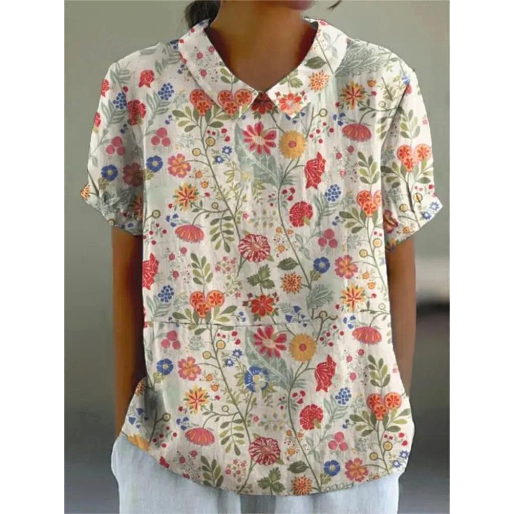 Blusa Donna Casual in Tessuto Fantasia Floreale Manica Corta Sbuffo
