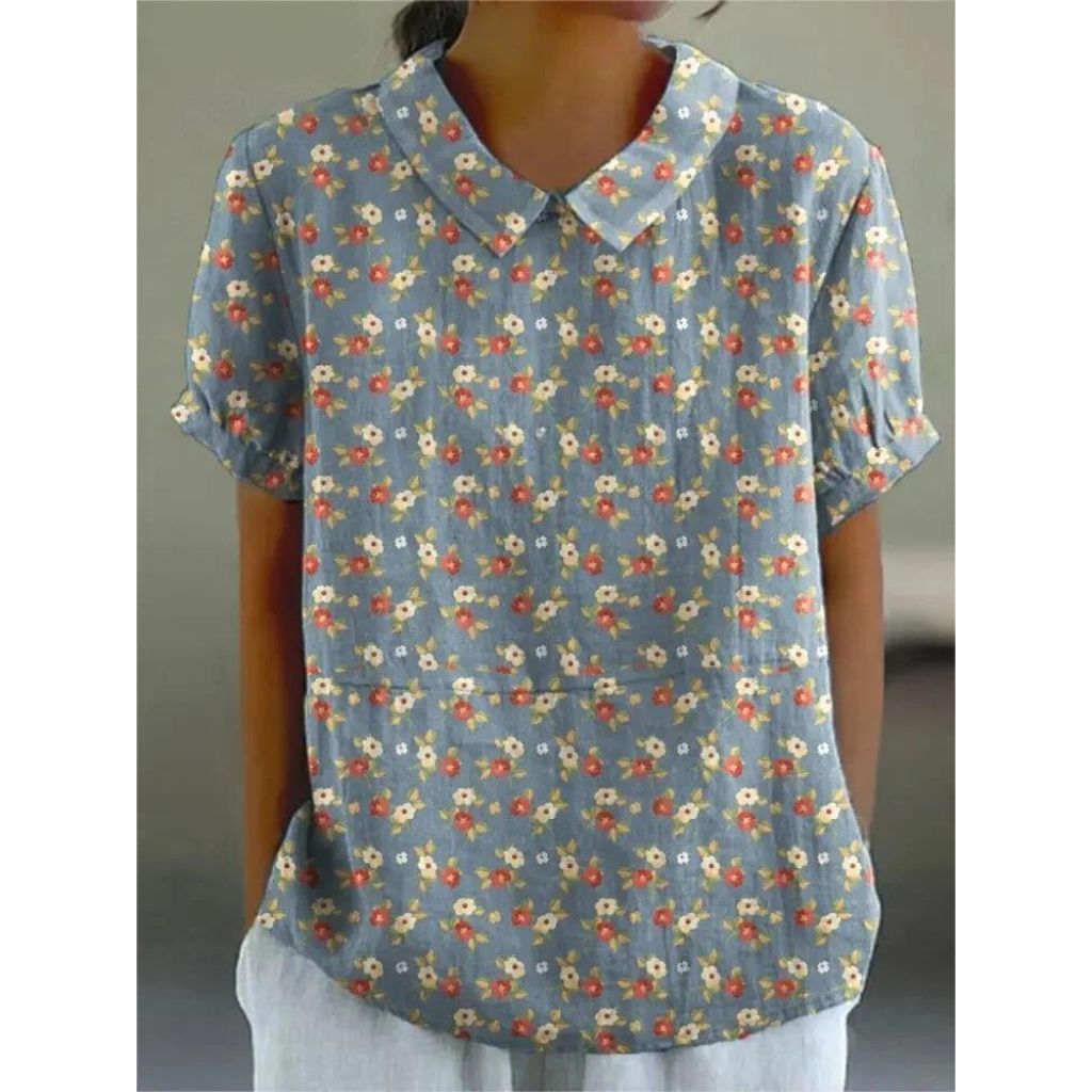 Blusa Donna Casual in Tessuto Fantasia Floreale Manica Corta Sbuffo