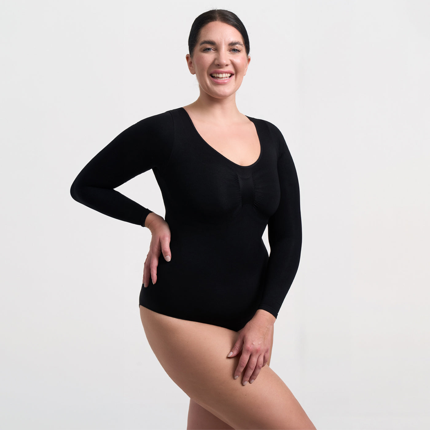 Body Donna Manica Lunga Tessuto Liscio Apertura Schiena